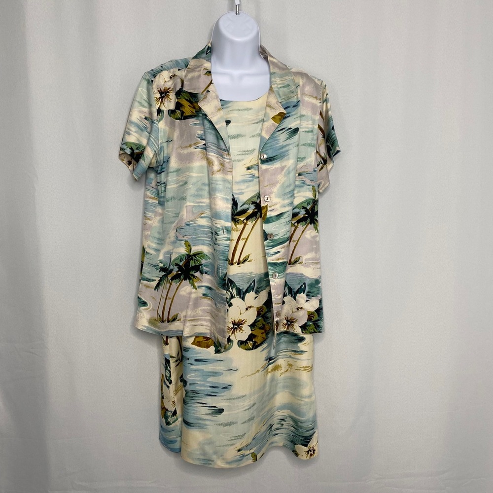 Tiki Classics Women L 100% Silk 2 Piece Dress Set Hawaiian Tropical Palm Vintage